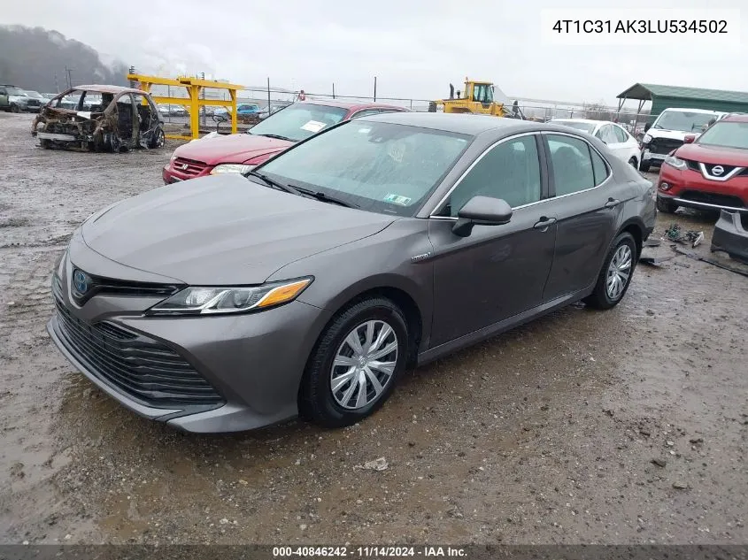 2020 Toyota Camry Le Hybrid VIN: 4T1C31AK3LU534502 Lot: 40846242