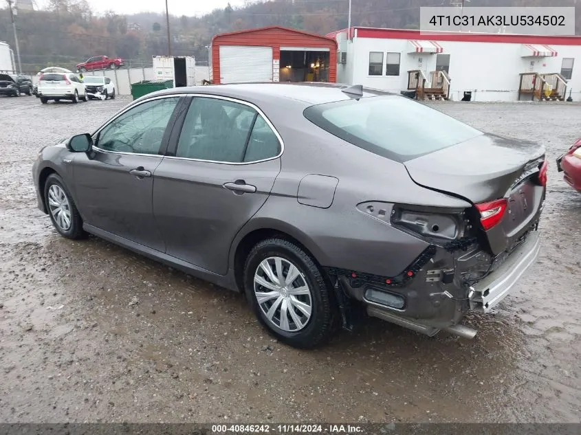 2020 Toyota Camry Le Hybrid VIN: 4T1C31AK3LU534502 Lot: 40846242