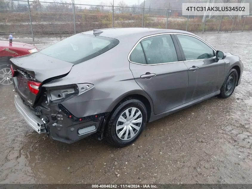 2020 Toyota Camry Le Hybrid VIN: 4T1C31AK3LU534502 Lot: 40846242