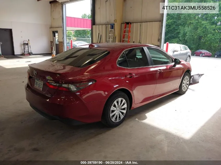 2021 Toyota Camry Le Hybrid VIN: 4T1C31AK3MU558526 Lot: 39759190