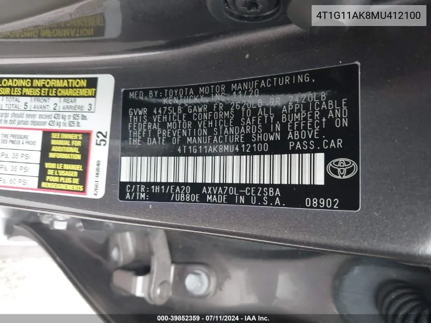 4T1G11AK8MU412100 2021 Toyota Camry Se