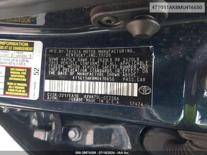 4T1G11AK8MU416650 2021 Toyota Camry Se