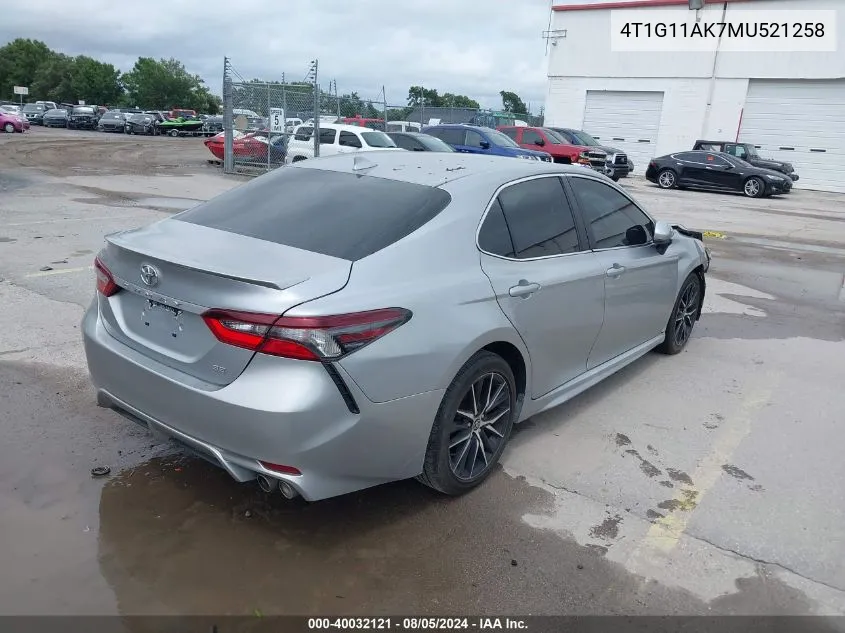 2021 Toyota Camry Se VIN: 4T1G11AK7MU521258 Lot: 40032121