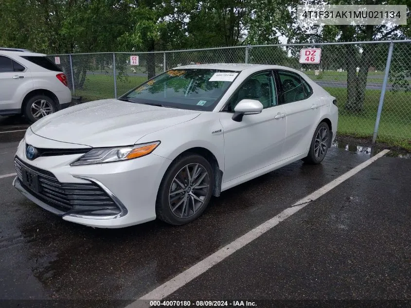 2021 Toyota Camry Xle Hybrid VIN: 4T1F31AK1MU021134 Lot: 40070180