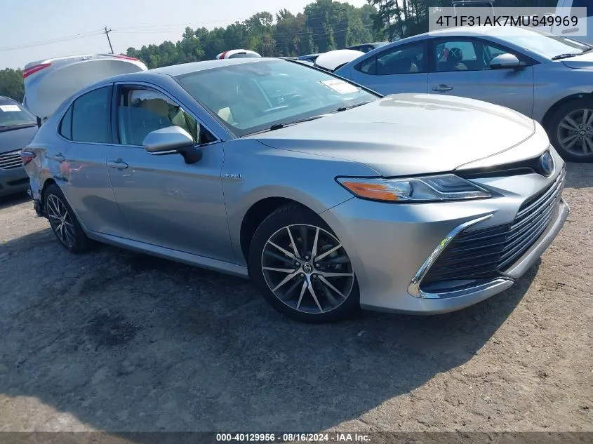 2021 Toyota Camry Xle Hybrid VIN: 4T1F31AK7MU549969 Lot: 40129956