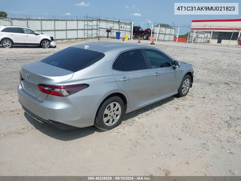 2021 Toyota Camry Le Hybrid VIN: 4T1C31AK9MU021823 Lot: 40228529