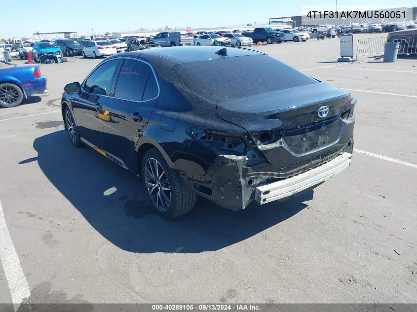 2021 Toyota Camry Xle Hybrid VIN: 4T1F31AK7MU560051 Lot: 40289105