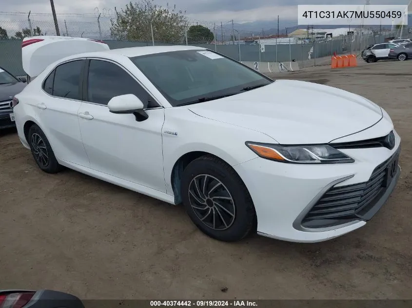 2021 Toyota Camry Le Hybrid VIN: 4T1C31AK7MU550459 Lot: 40374442