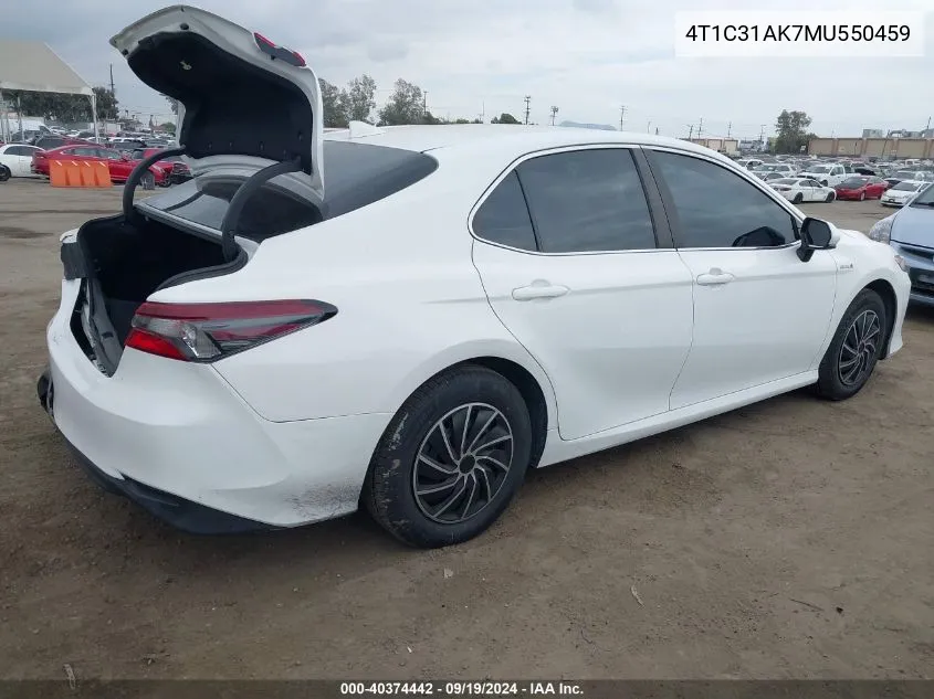 2021 Toyota Camry Le Hybrid VIN: 4T1C31AK7MU550459 Lot: 40374442