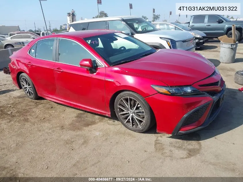 2021 Toyota Camry Se Hybrid VIN: 4T1G31AK2MU031322 Lot: 40456677