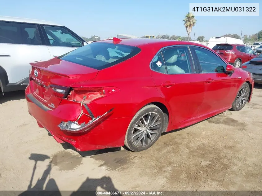 4T1G31AK2MU031322 2021 Toyota Camry Se Hybrid