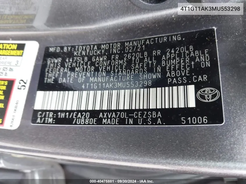 2021 Toyota Camry Se VIN: 4T1G11AK3MU553298 Lot: 40475881