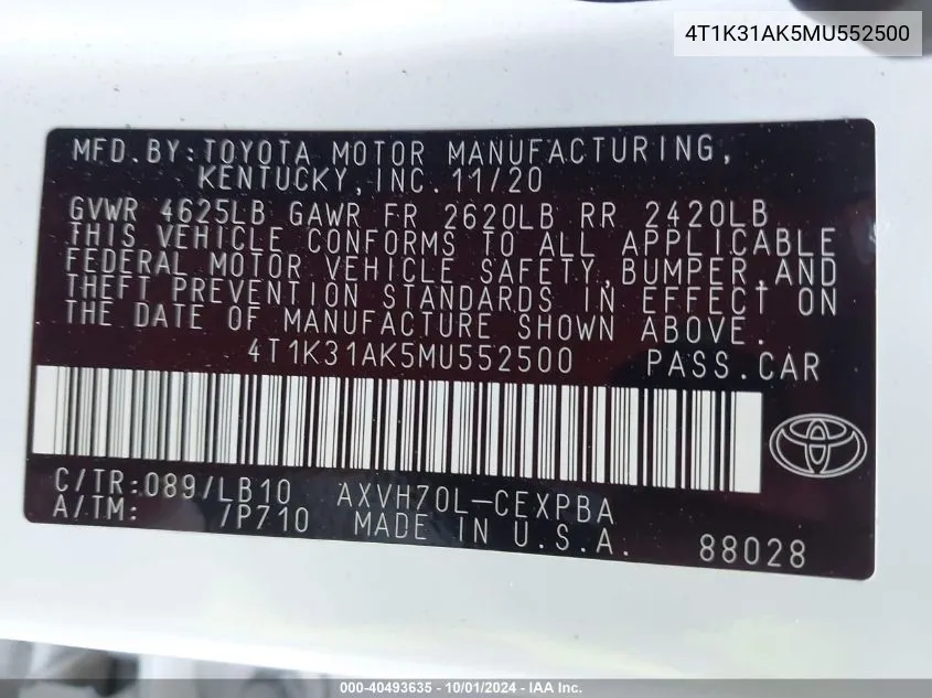 4T1K31AK5MU552500 2021 Toyota Camry Xse Hybrid