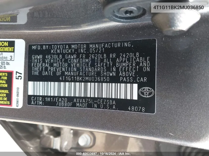 4T1G11BK2MU036850 2021 Toyota Camry Se Awd