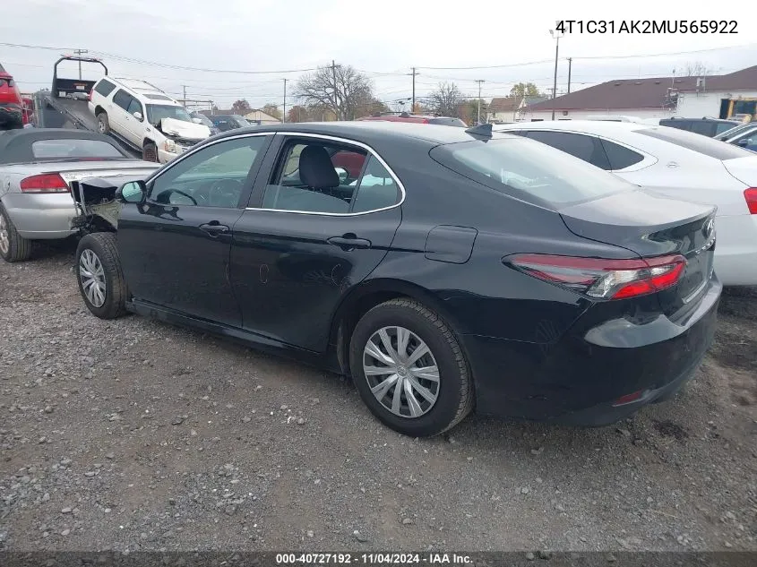 2021 Toyota Camry Le Hybrid VIN: 4T1C31AK2MU565922 Lot: 40727192