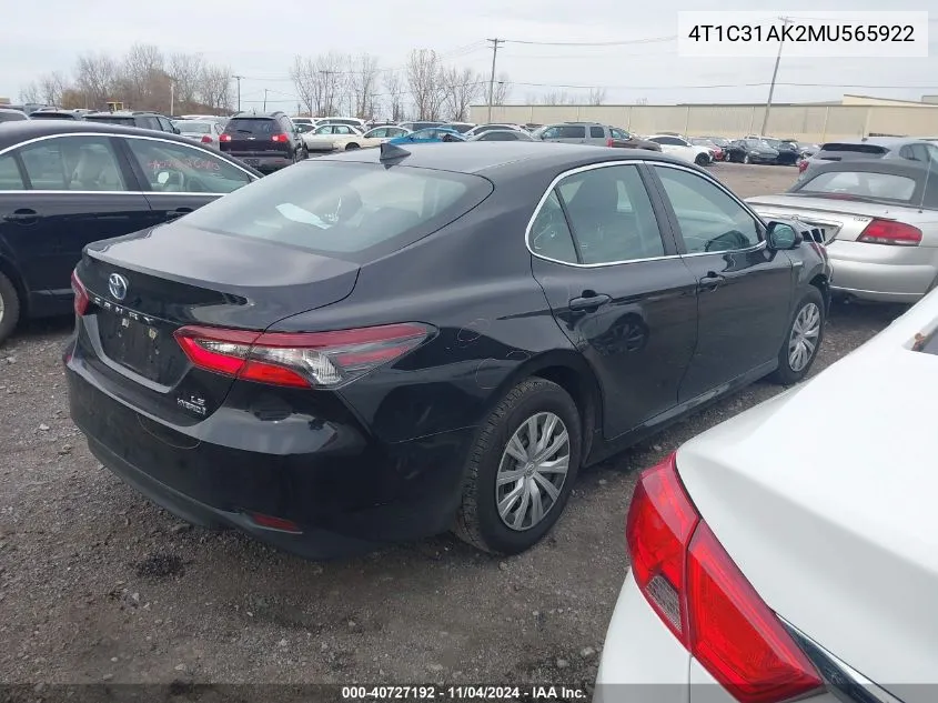 2021 Toyota Camry Le Hybrid VIN: 4T1C31AK2MU565922 Lot: 40727192