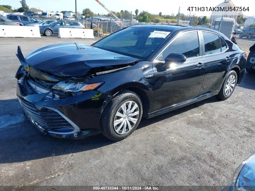 2021 Toyota Camry Le Hybrid VIN: 4T1H31AK3MU547564 Lot: 40733344