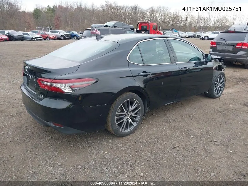 2021 Toyota Camry Xle Hybrid VIN: 4T1F31AK1MU025751 Lot: 40908084