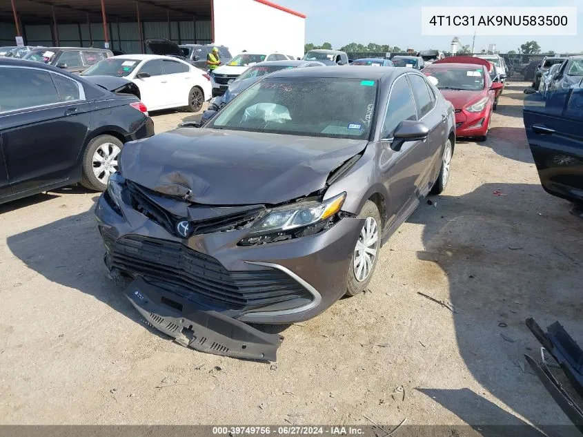 2022 Toyota Camry Le Hybrid VIN: 4T1C31AK9NU583500 Lot: 39749756