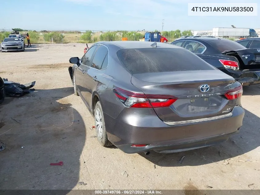 2022 Toyota Camry Le Hybrid VIN: 4T1C31AK9NU583500 Lot: 39749756