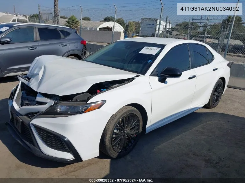 2022 Toyota Camry Nightshade Edition Hybrid VIN: 4T1G31AK2NU034092 Lot: 39828332