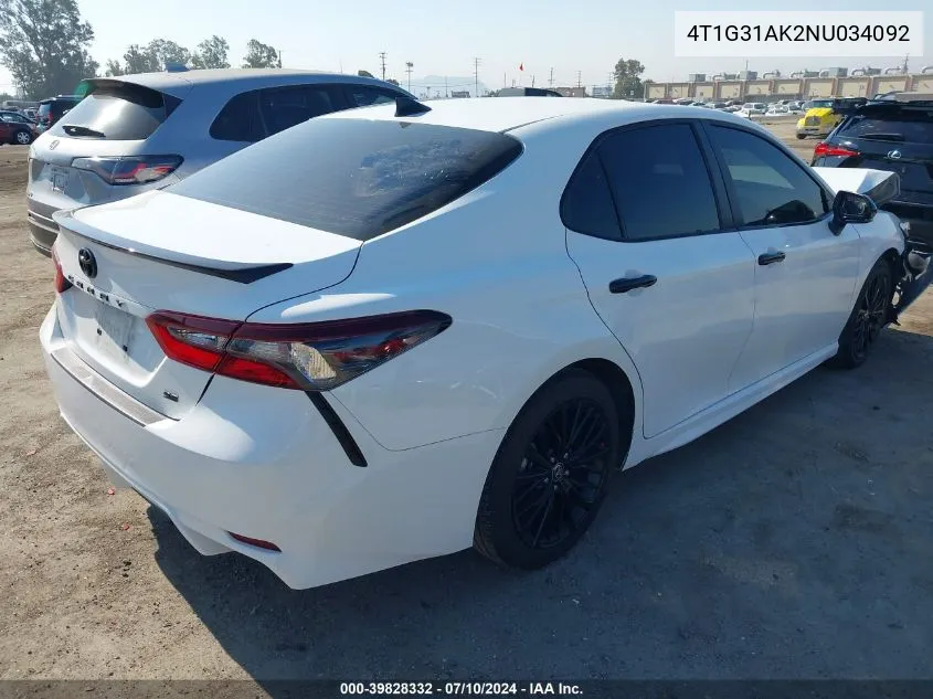 2022 Toyota Camry Nightshade Edition Hybrid VIN: 4T1G31AK2NU034092 Lot: 39828332