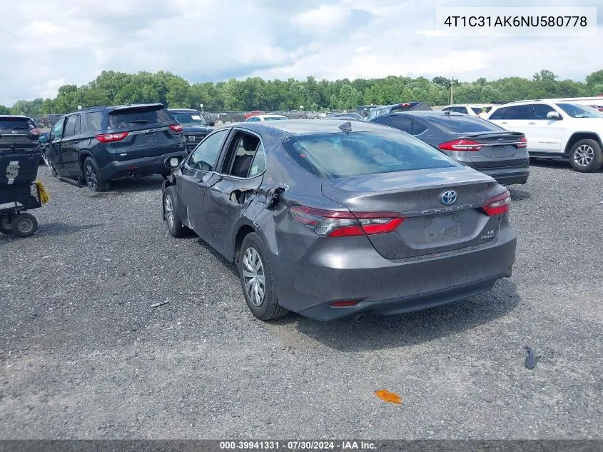 4T1C31AK6NU580778 2022 Toyota Camry Le Hybrid