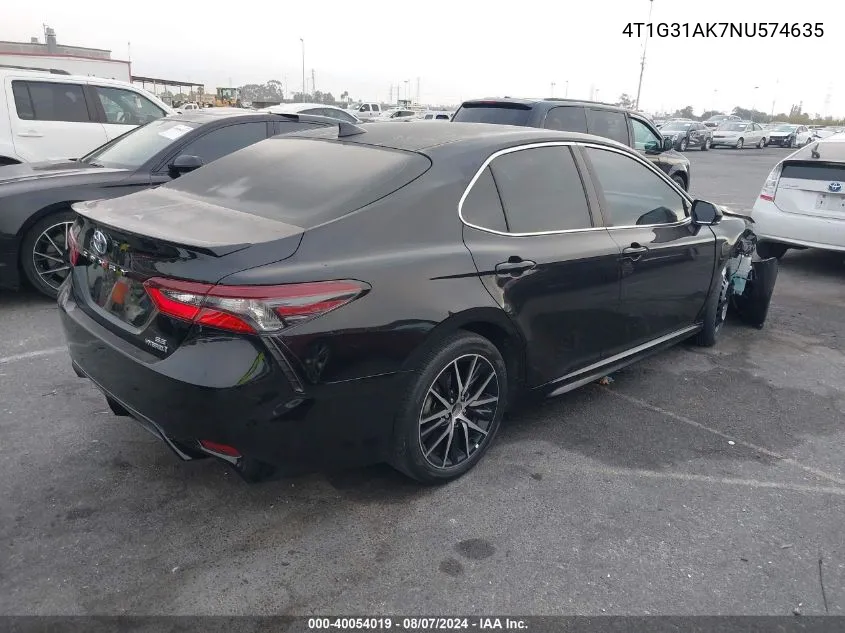 2022 Toyota Camry Se Hybrid VIN: 4T1G31AK7NU574635 Lot: 40054019