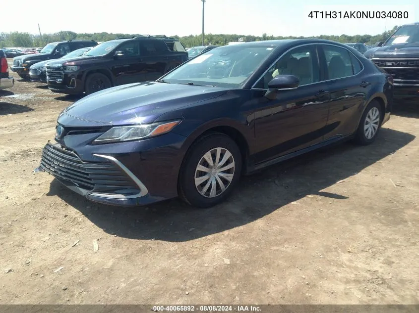 2022 Toyota Camry Le Hybrid VIN: 4T1H31AK0NU034080 Lot: 40065892