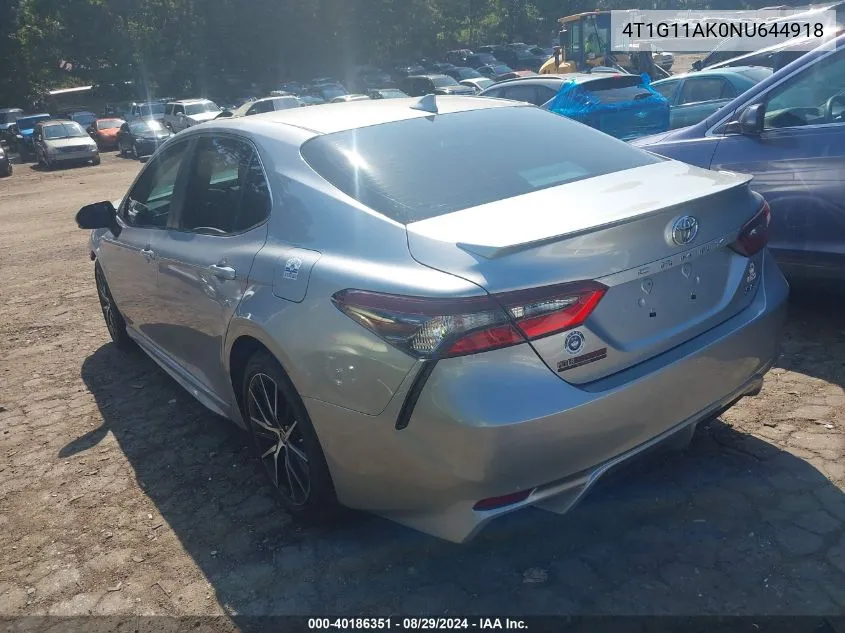 2022 Toyota Camry Se VIN: 4T1G11AK0NU644918 Lot: 40186351