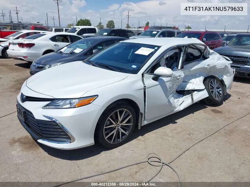 2022 Toyota Camry Xle Hybrid VIN: 4T1F31AK1NU579633 Lot: 40212358