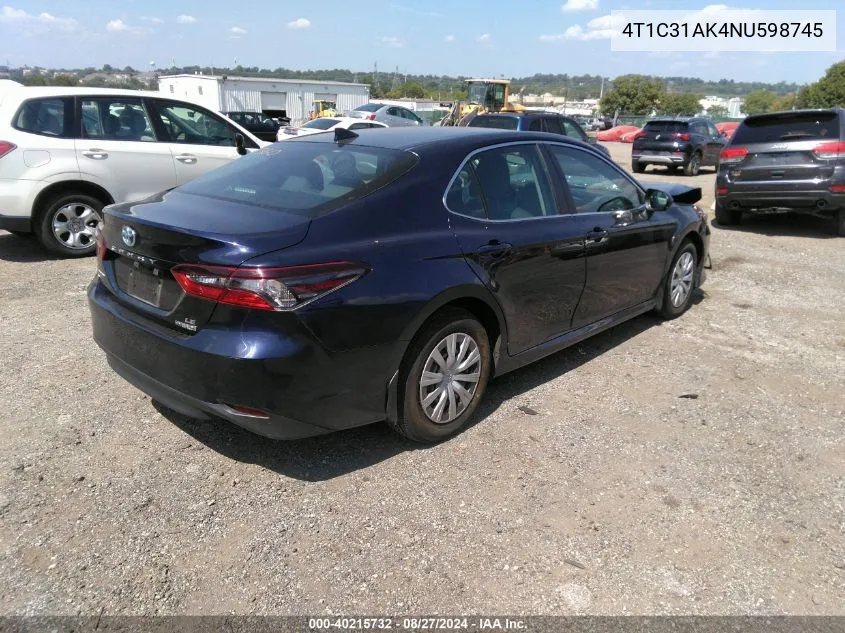 2022 Toyota Camry Le Hybrid VIN: 4T1C31AK4NU598745 Lot: 40215732