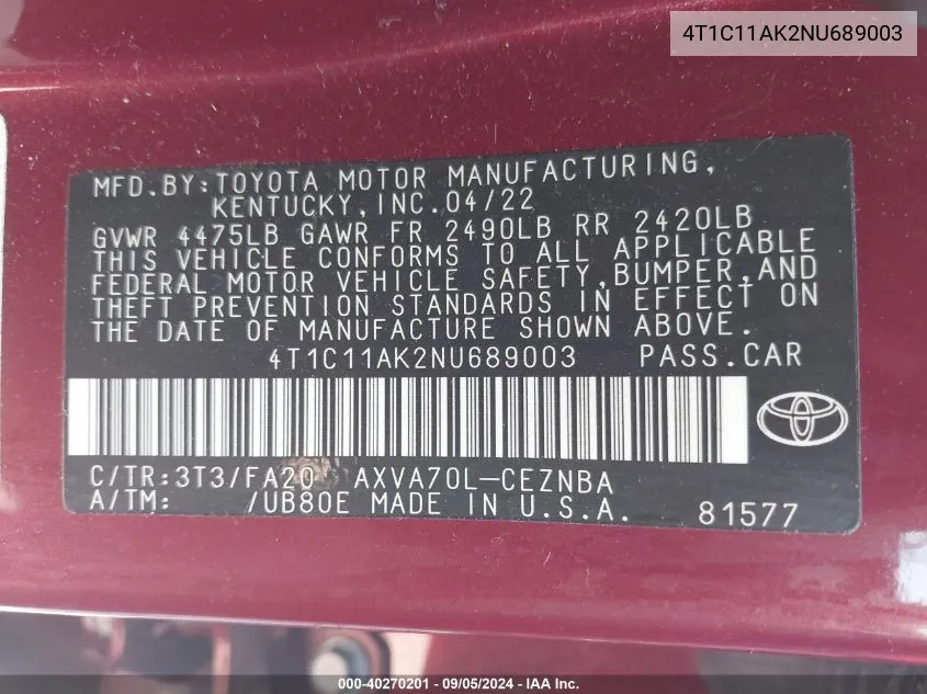 4T1C11AK2NU689003 2022 Toyota Camry Le