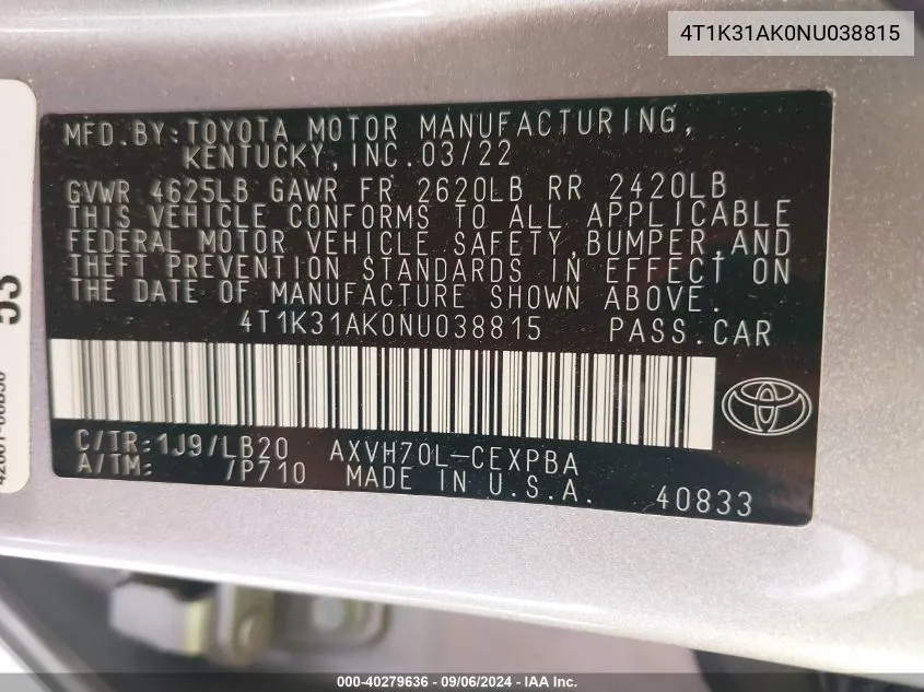 4T1K31AK0NU038815 2022 Toyota Camry Xse Hybrid