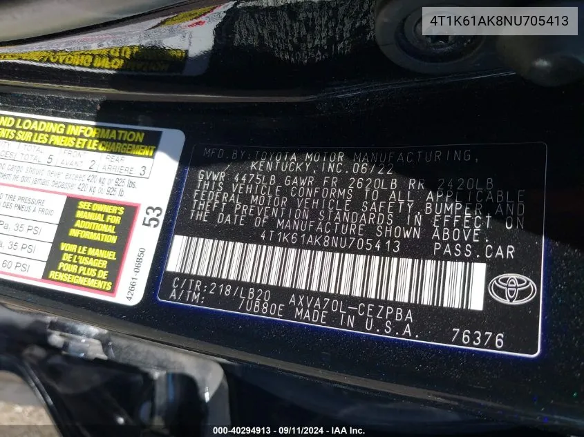 4T1K61AK8NU705413 2022 Toyota Camry Xse