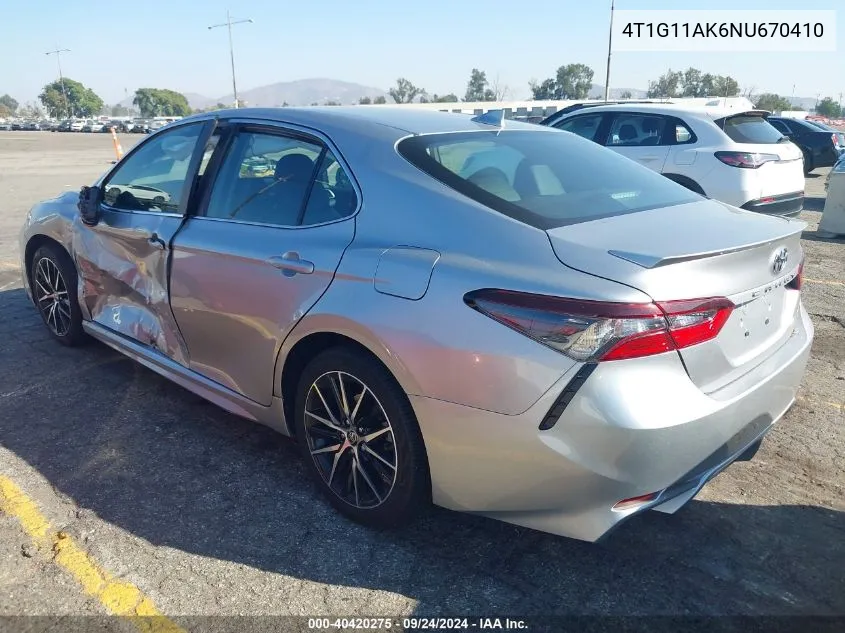 2022 Toyota Camry Se VIN: 4T1G11AK6NU670410 Lot: 40420275