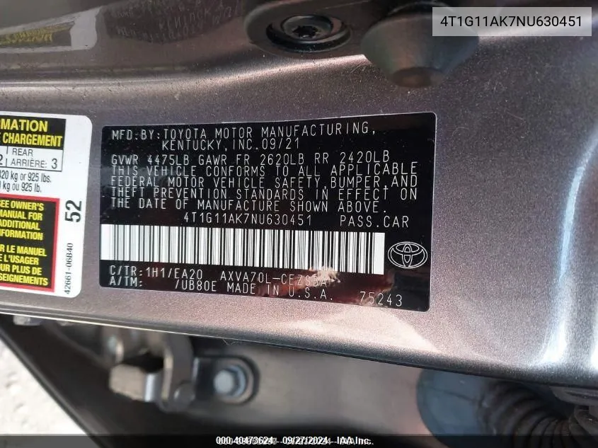 4T1G11AK7NU630451 2022 Toyota Camry Se