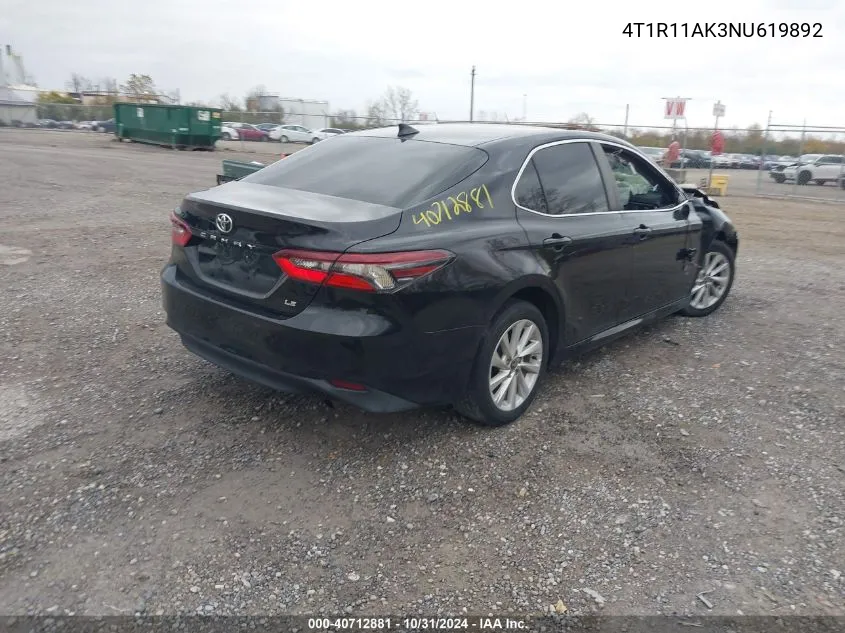 2022 Toyota Camry Le VIN: 4T1R11AK3NU619892 Lot: 40712881