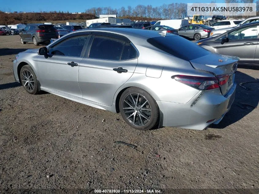 2022 Toyota Camry Se Hybrid VIN: 4T1G31AK5NU583978 Lot: 40783930