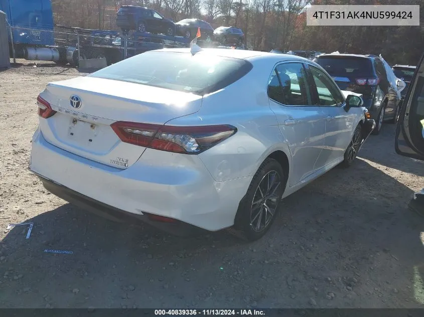 2022 Toyota Camry Xle Hybrid VIN: 4T1F31AK4NU599424 Lot: 40839336