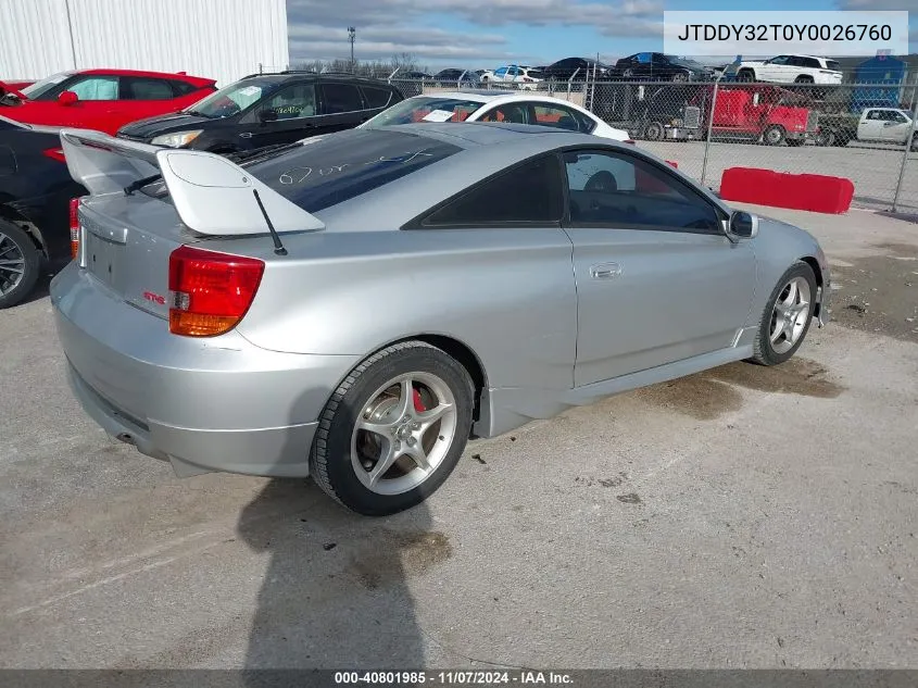 2000 Toyota Celica Gts VIN: JTDDY32T0Y0026760 Lot: 40801985