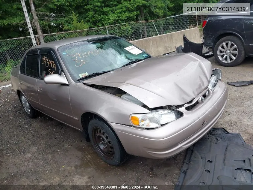 2000 Toyota Corolla Le VIN: 2T1BP18C7YC314539 Lot: 39549301