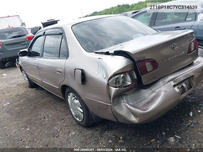 2000 Toyota Corolla Le VIN: 2T1BP18C7YC314539 Lot: 39549301