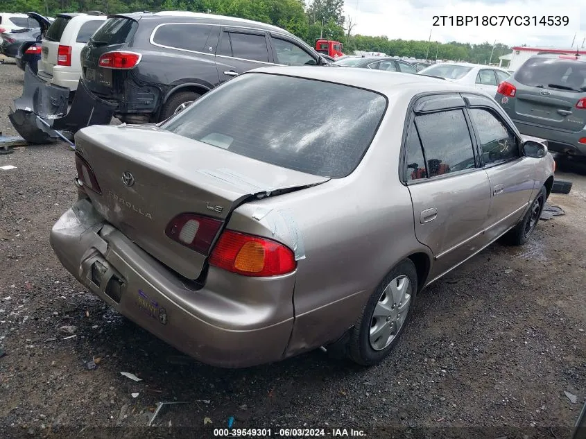 2000 Toyota Corolla Le VIN: 2T1BP18C7YC314539 Lot: 39549301