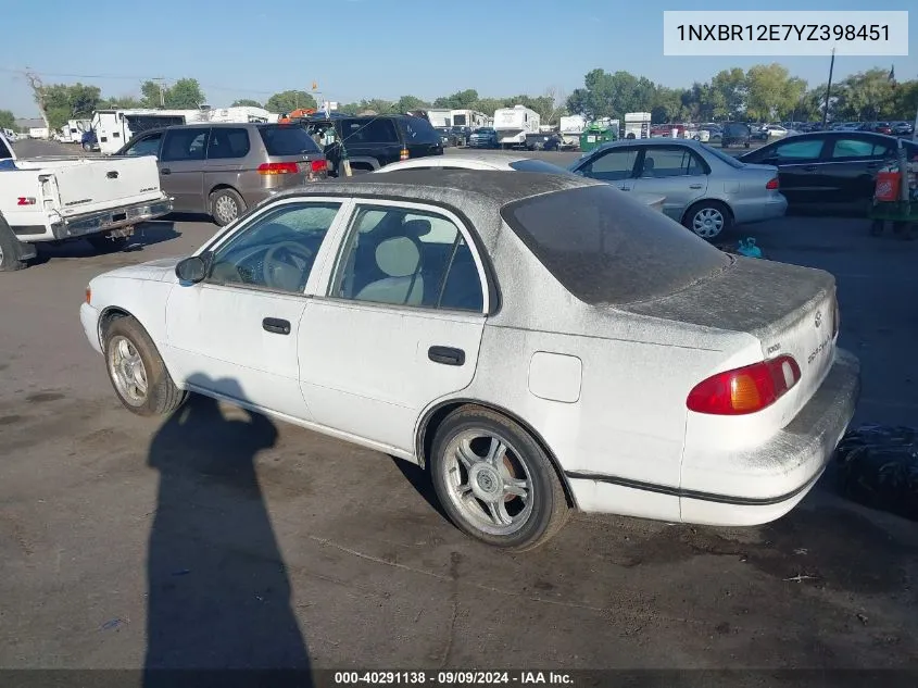 2000 Toyota Corolla Ve VIN: 1NXBR12E7YZ398451 Lot: 40291138