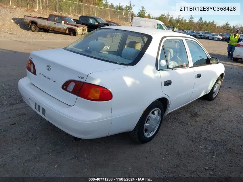 2000 Toyota Corolla Ve VIN: 2T1BR12E3YC368428 Lot: 40771288