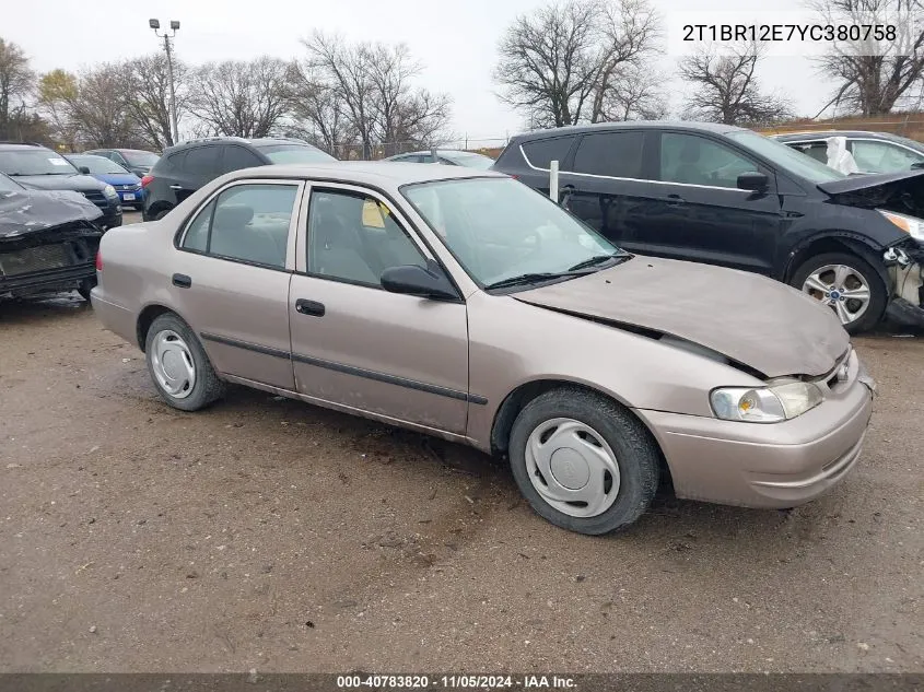 2000 Toyota Corolla Ce VIN: 2T1BR12E7YC380758 Lot: 40783820