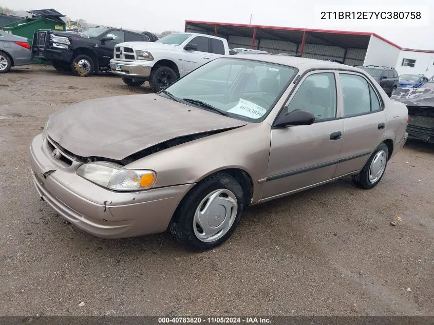 2000 Toyota Corolla Ce VIN: 2T1BR12E7YC380758 Lot: 40783820