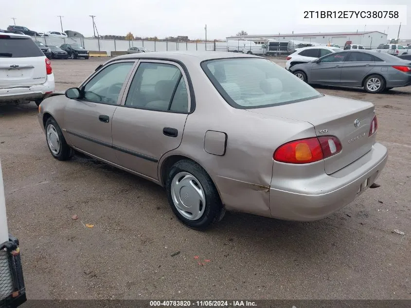 2000 Toyota Corolla Ce VIN: 2T1BR12E7YC380758 Lot: 40783820