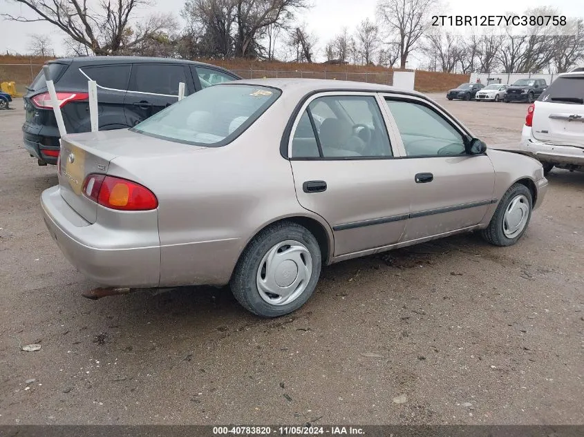 2000 Toyota Corolla Ce VIN: 2T1BR12E7YC380758 Lot: 40783820